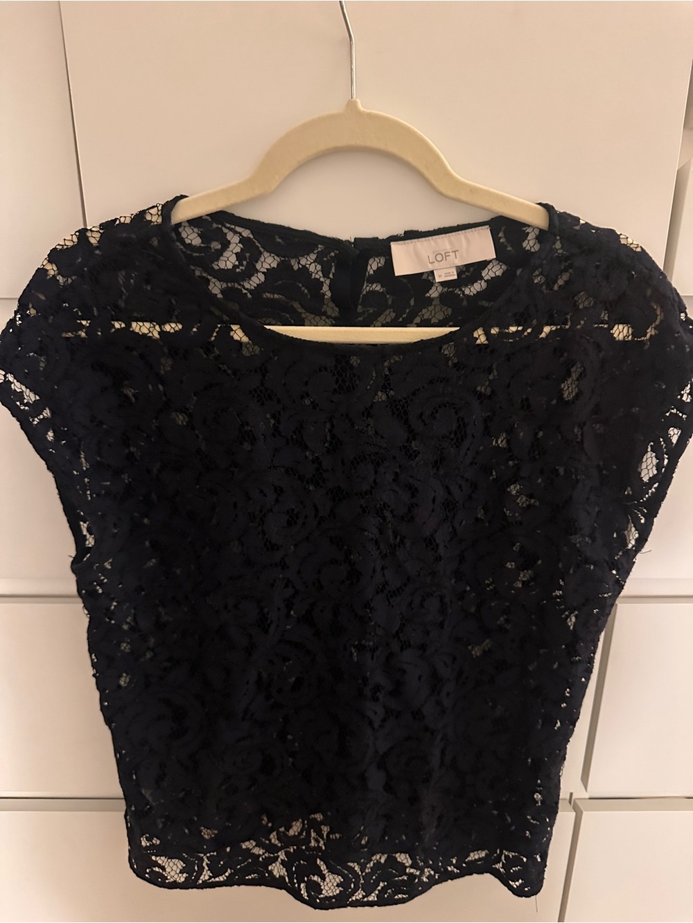 LOFT Navy Lace Short Sleeve Blouse - Floral Crochet Overlay